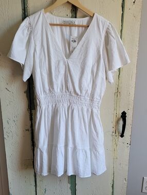 Abercrombie & Fitch White V-Neck Smocked Lined Mini Dress Cotton Linen Blend